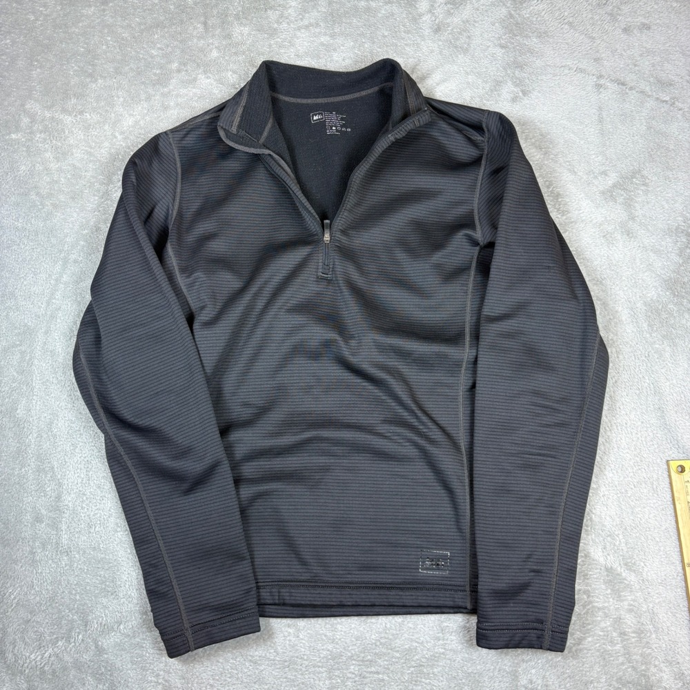 REI‎ Sweater Men M Quarter Zip Pullover Textured Grid Fleece Black Stretch
